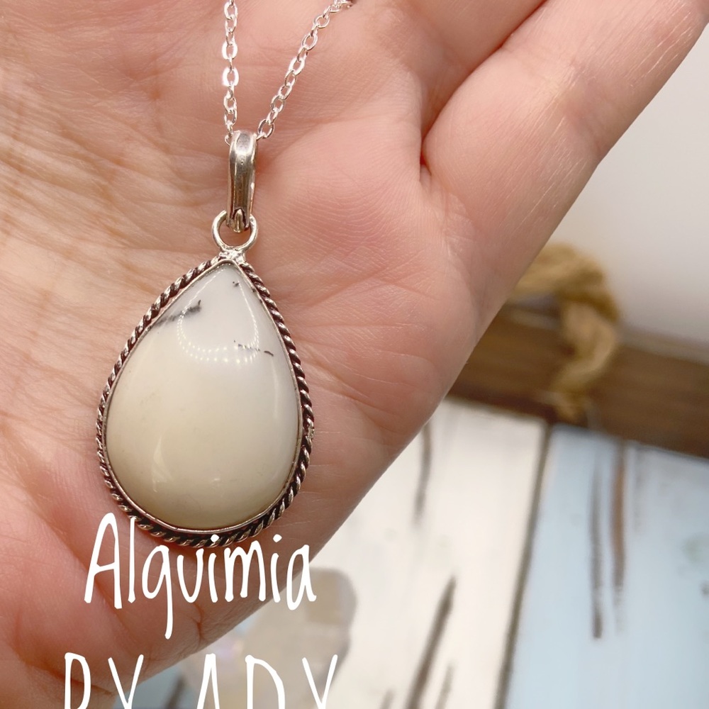 Dendritic white opal drop sterling silver gemstone necklace - Picture 3 of 3